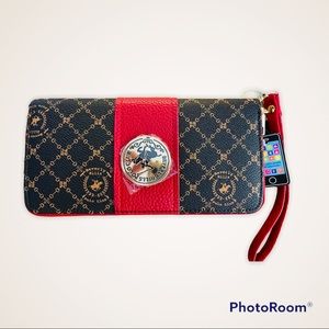 NWT BEVERLY HILLS POLO CLUB, Brown/Red Zipper Wallet, Clutch, Cell Phone Holder